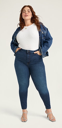 Body-slimming, curve enhancing dark wash skinny jeans.