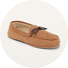 A pair of chestnut colored Faux-Suede Sherpa-Lined Moccasin Slippers.