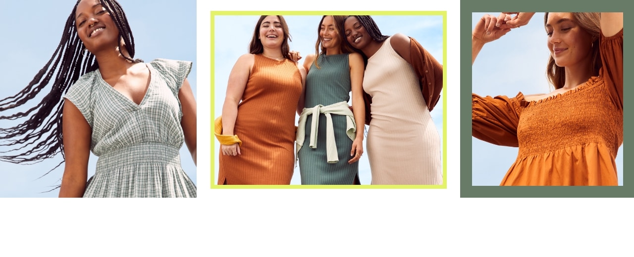 Female models wear dresses from Old Navy's collection in different colors and styles.