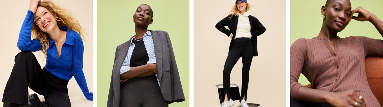 Image displays female models dressed in wear to work outfits from Old Navy's collection.