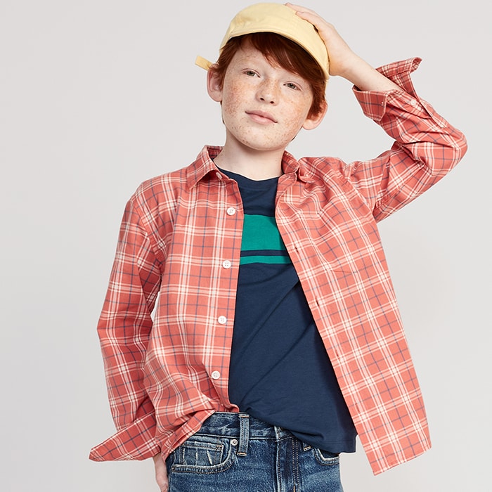 A young model wearing patterned poplin built-in flex shirt for boys.
