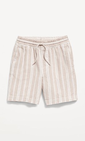 Image features tan stripe drawstring shorts for toddler.