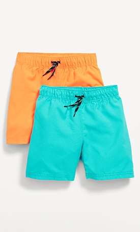 Image features multipack shorts in orange and turquoise for toddler.