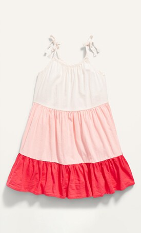 Image features pink tie-shoulder colorblock dress for toddler.