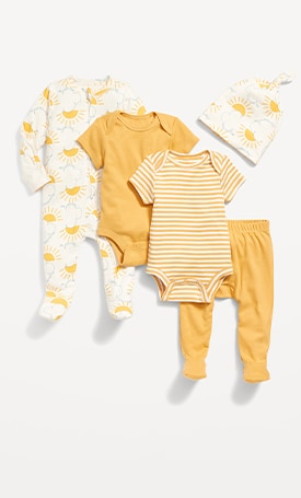 Image features yellow newborn essentials including bodysuits, pants and hat.