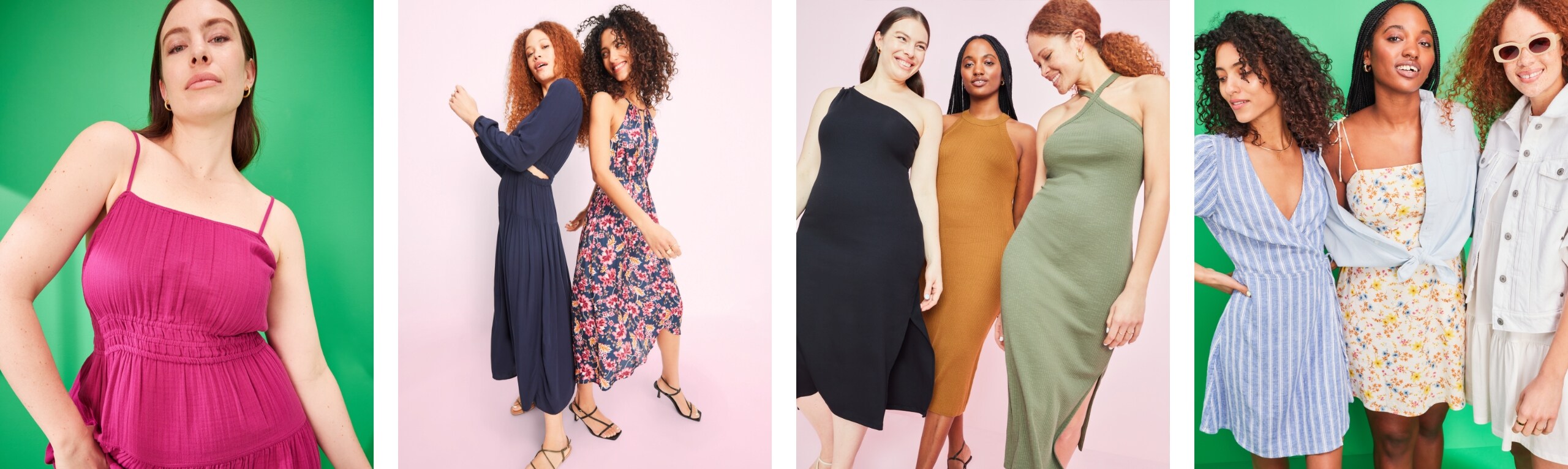 Group of female models wearing Old Navy dresses in a variety of colors, prints and silhouettes.