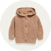 Image features unisex brown hooded button-front cardigan for baby.