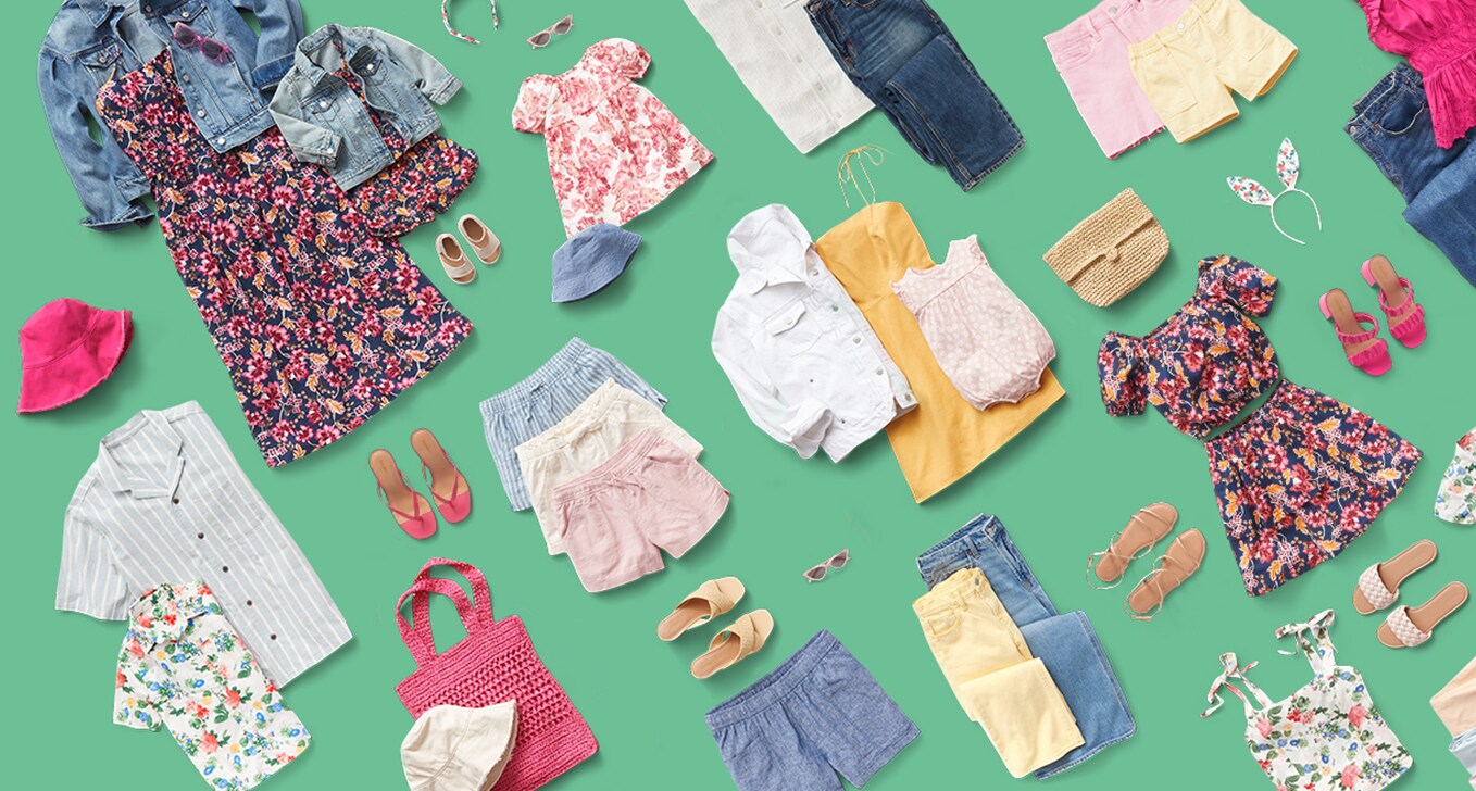 A layout of different colors and patterns of clothes such as dresses, shorts shirts, slippers, tops, and more from Old Navy collection.