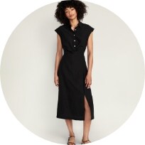 Female model wearing black workwear midi dress for women.