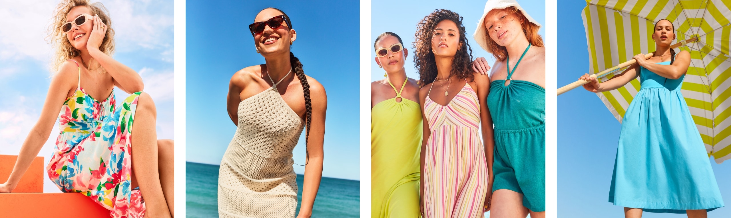 A woman dressed a knit halter beige dress paired with sunny shades. A group of women dressed in bright solid and pattern halter and thin strap dresses.