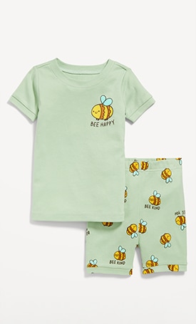 A mint green shorts and tshirt set with honeybee print.