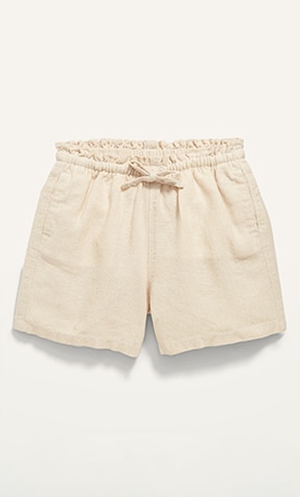 A pair of khaki drawstring shorts.