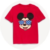 Red short sleeve graphic t-shirt with mouse wearing stars and stripes sunglasses.
