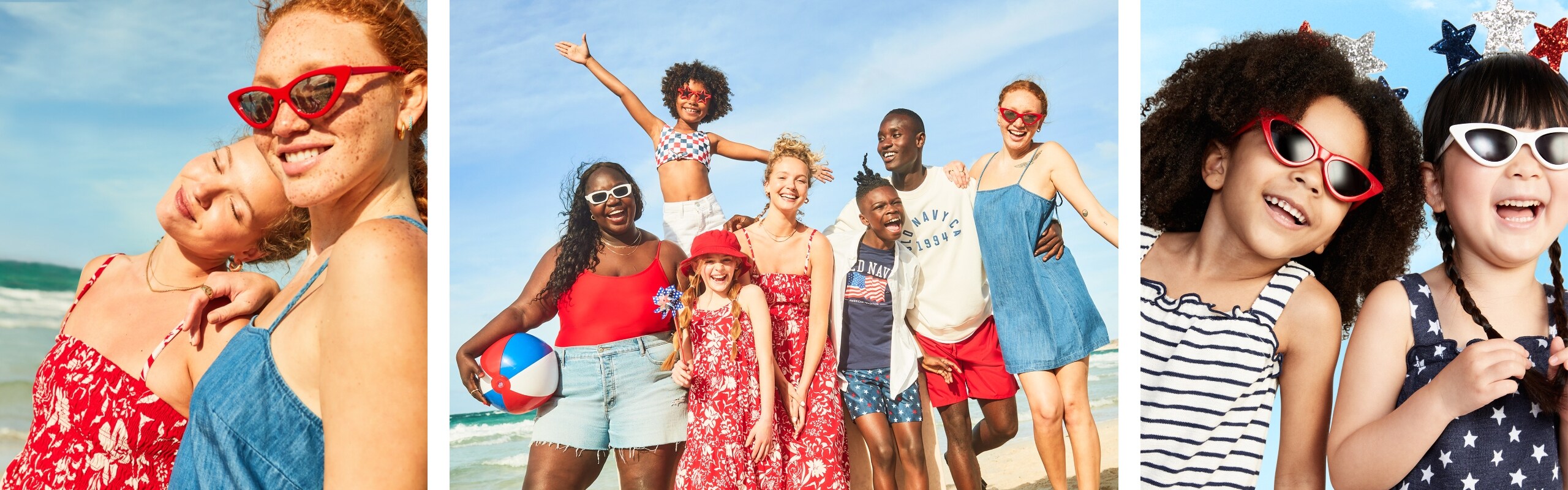 A family dressed in red white and blue summer barbecue and swim attire.