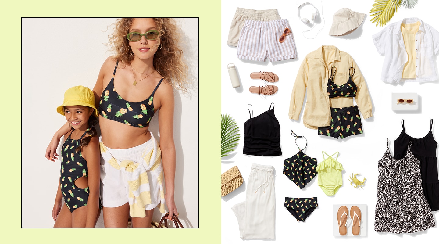 Slide 3: Woman and girl wearing matching swimwear and a layout of muted apparel and accessories in muted colors.