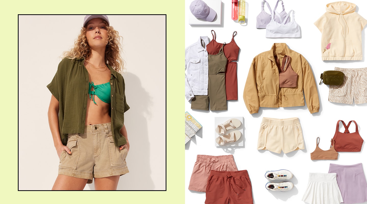 Slide 4: Woman wearing green woven top and khaki shorts and a layout of colorful apparel and accessories.