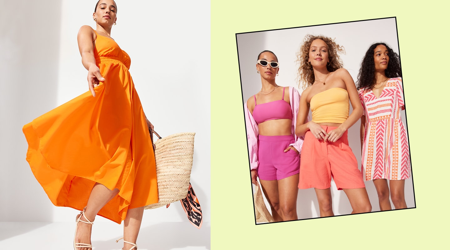 Slide 1: Four women in dresses, shorts and tops in shades of orange, pink and yellow.