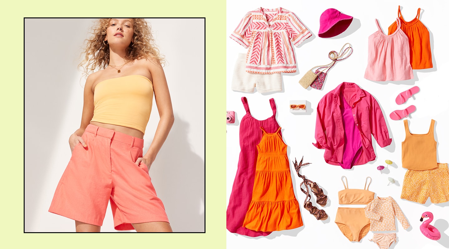 Slide 2: Woman wearing orange tube top and shorts with a layout of colorful apparel and accessories.