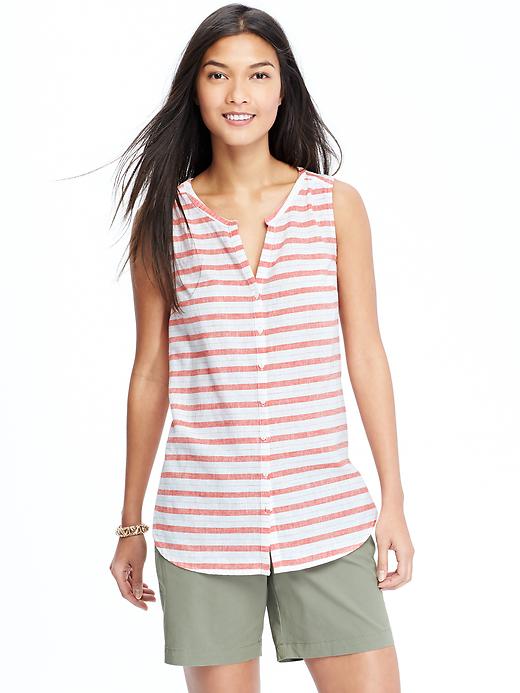 View large product image 1 of 2. Women's Striped Sleeveless Linen-Blend Tunics