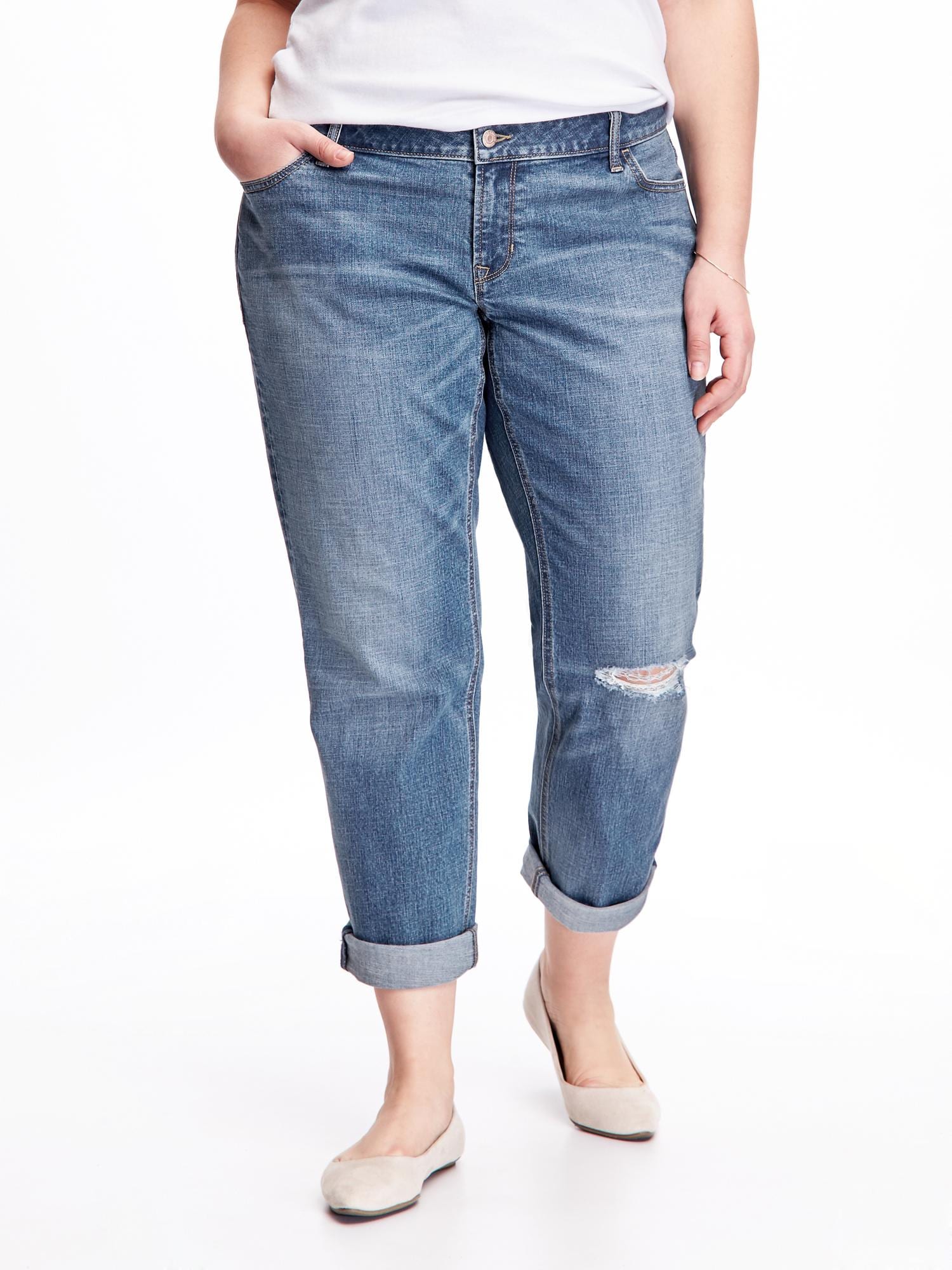 Mid-Rise Destroyed Skinny Ankle Boyfriend Plus-Size Jeans | Old Navy