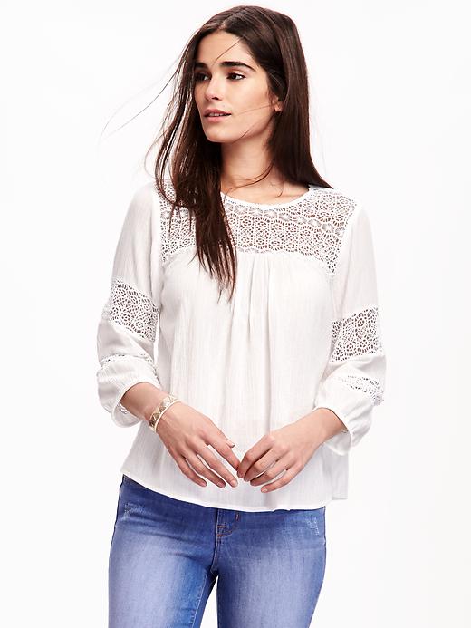 Image number 1 showing, Lace-Sleeve Gauze Boho Blouse for Women