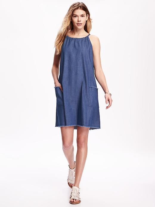 Image number 1 showing, Suspended-Neck Denim Trapeze Dress for Women