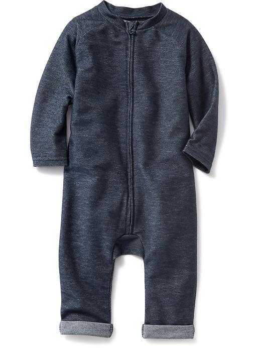 View large product image 1 of 1. Denim-Knit Zip-Front One-Piece for Baby