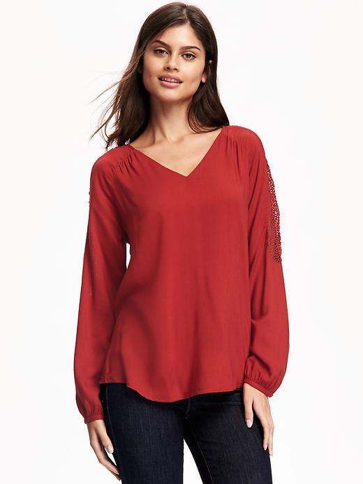View large product image 1 of 1. Lace-Trim V-Neck Blouse for Women