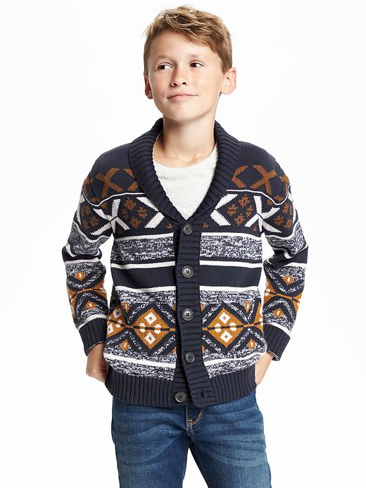 View large product image 1 of 2. Fair Isle Shawl-Collar Cardigan for Boys