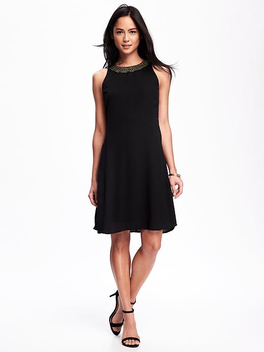 Image number 1 showing, Embroidered High-Neck Swing Dress for Women