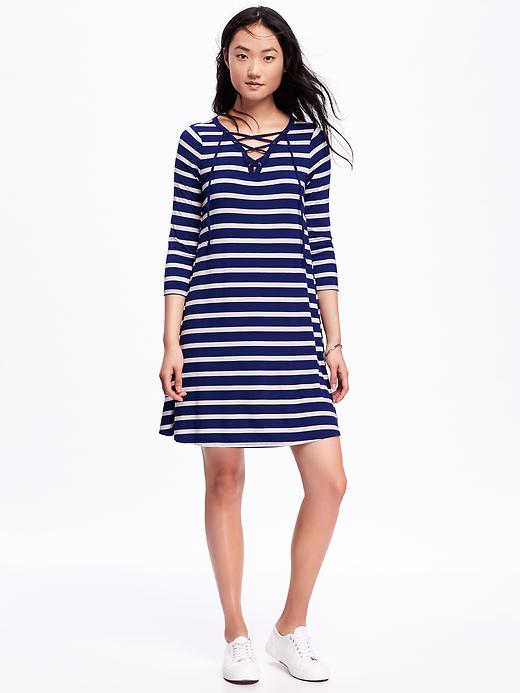 Image number 1 showing, Striped Lace-Front Swing Dress for Women
