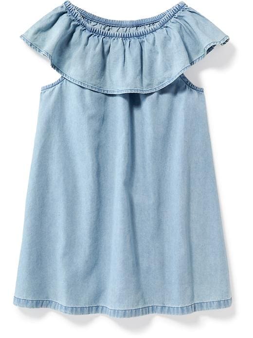 View large product image 2 of 2. Ruffle-Neck Chambray Dress for Toddler