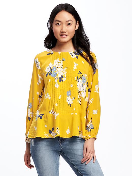 View large product image 1 of 1. Floral Pintuck Swing Blouse for Women