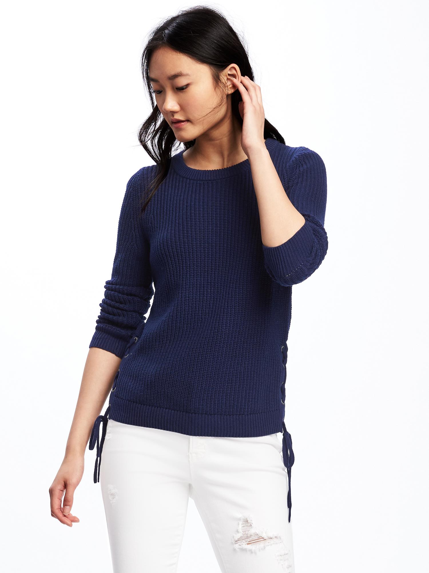 Relaxed Textured Lace Up Sweater for Women Old Navy