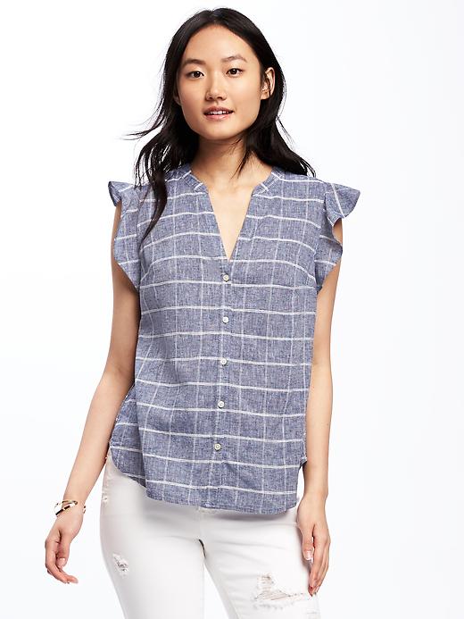 View large product image 1 of 1. Ruffle-Sleeve Linen-Blend Top for Women