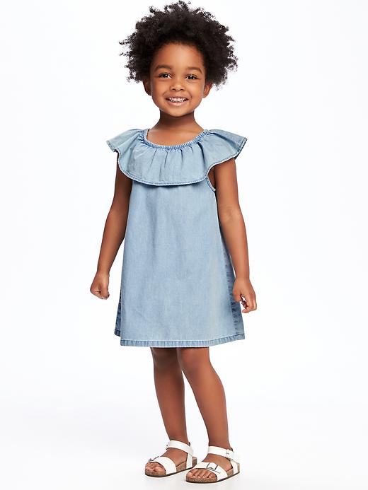 View large product image 1 of 2. Ruffle-Neck Chambray Dress for Toddler