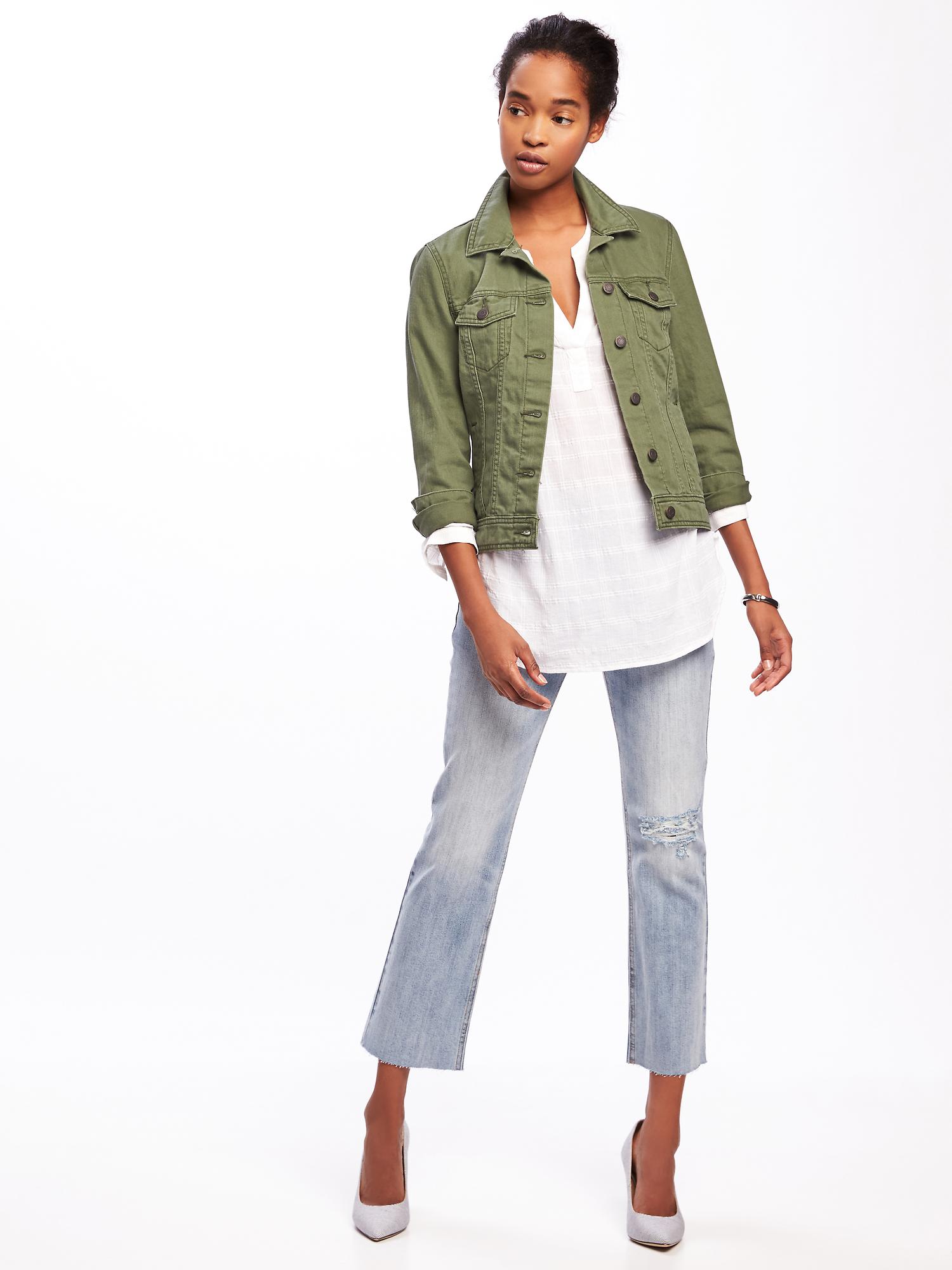 olive green skinnt jeans outfit long denim jacket white tee — bows & sequins