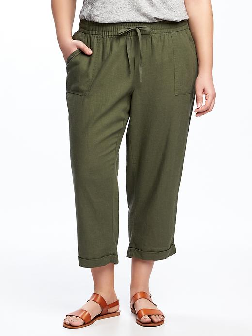 View large product image 1 of 1. Mid-Rise Linen-Blend Plus-Size Cropped Pants