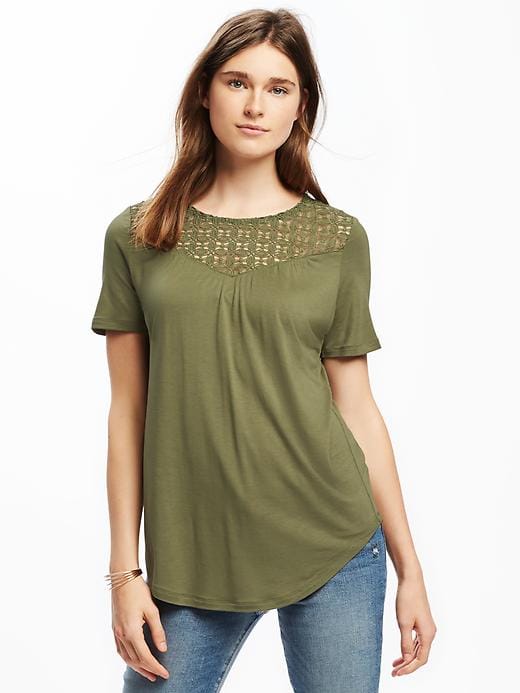 View large product image 1 of 1. Relaxed Crochet-Yoke Tee for Women