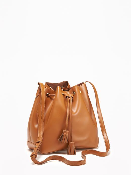 View large product image 1 of 1. Faux-Leather Drawstring Bucket Bag for Women