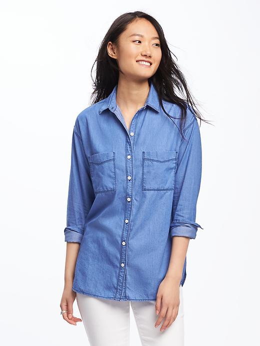 Image number 1 showing, Chambray Boyfriend Shirt for Women