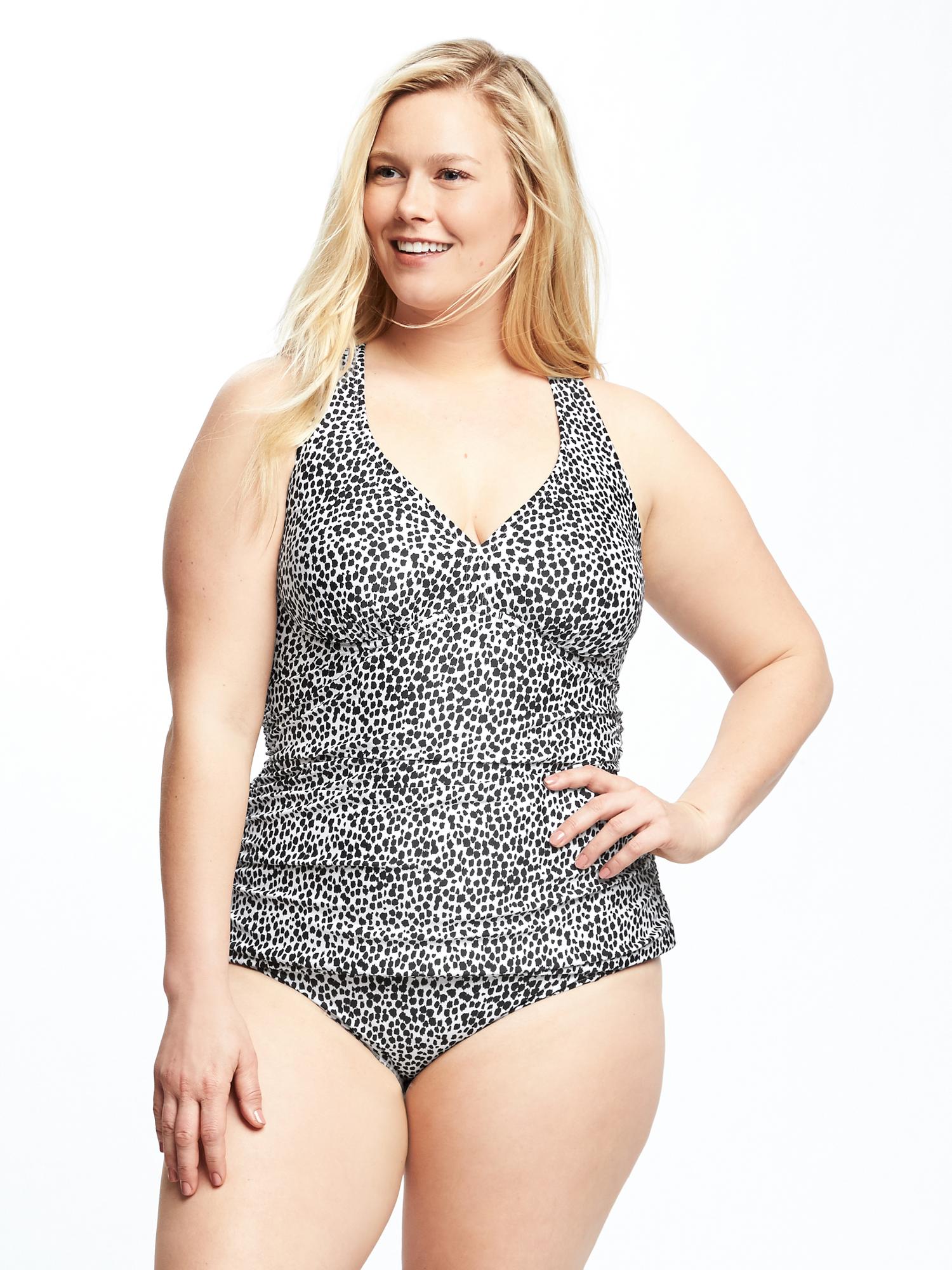 A tankini top in navy with underwire and A line shape. Pool tough fabric.  Plus Sizes. Sequins and Sand
