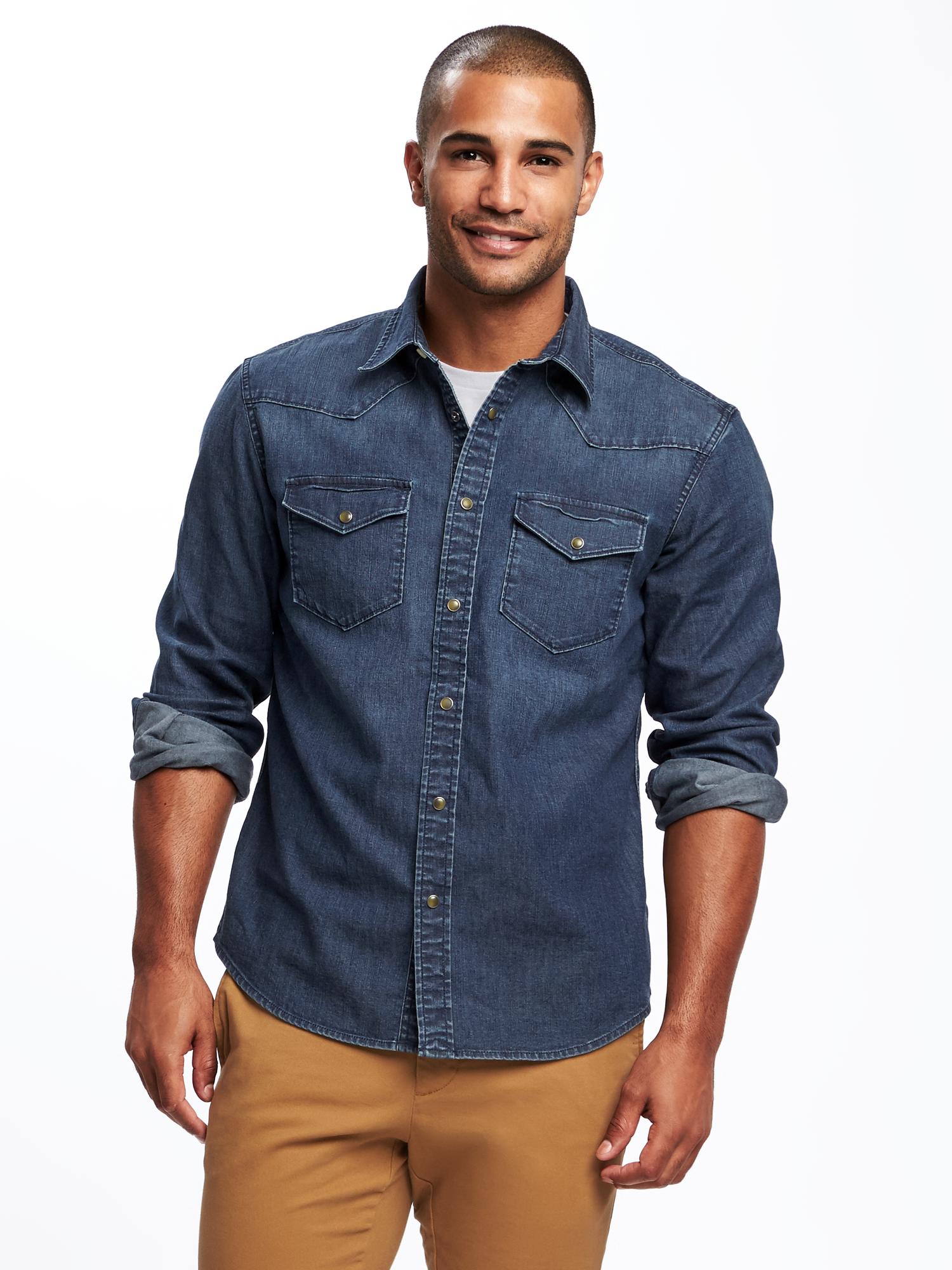 Slim-Fit Chambray Built-In Flex Western Shirt For Men | Old Navy