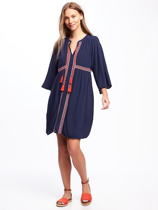 Image number 1 showing, Embroidered Tie-Front Swing Dress for Women