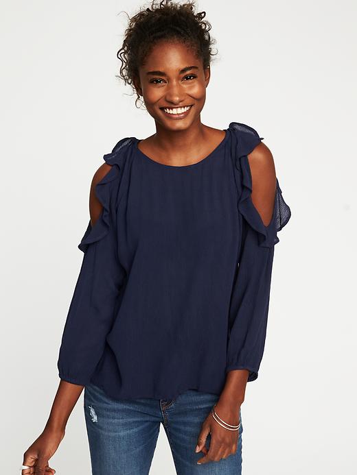 View large product image 1 of 1. Ruffled Cold-Shoulder Blouse for Women