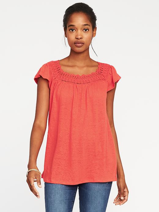 View large product image 1 of 1. Crochet-Trim Linen-Blend Swing Top for Women