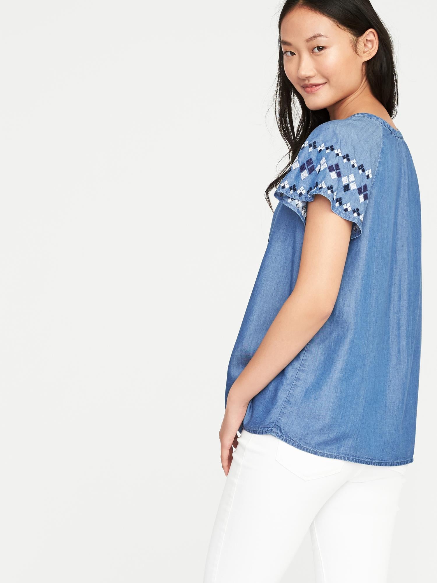 Relaxed LaceUp Neck Chambray Top for Women Old Navy
