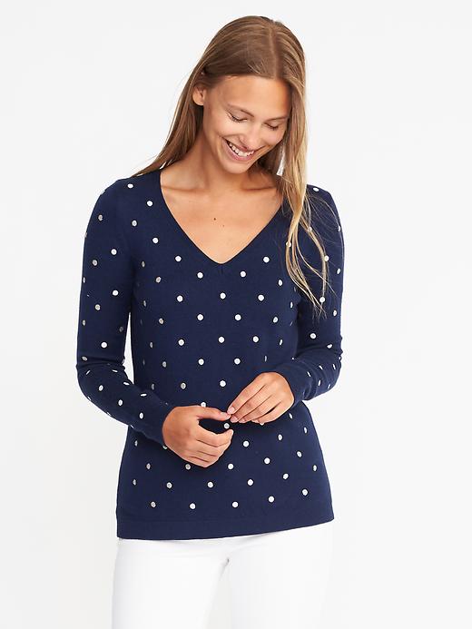 Image number 1 showing, Semi-Fitted Metallic-Dot V-Neck Sweater for Women