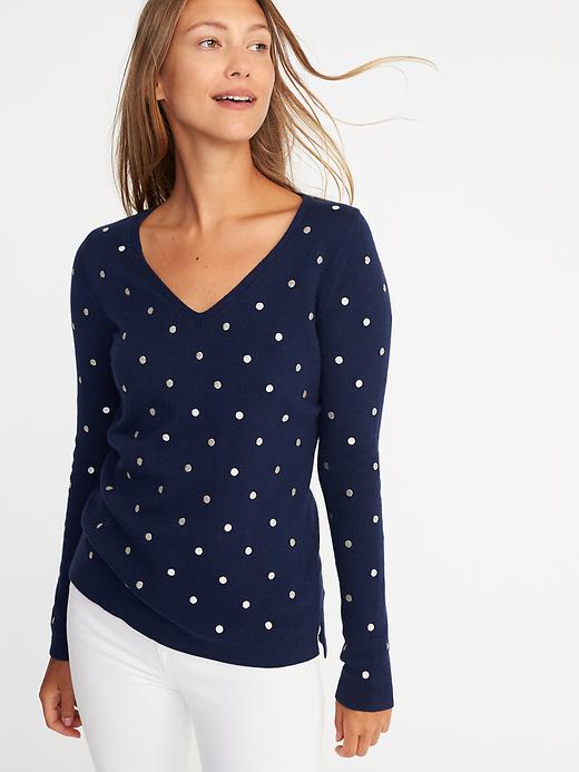 Image number 4 showing, Semi-Fitted Metallic-Dot V-Neck Sweater for Women