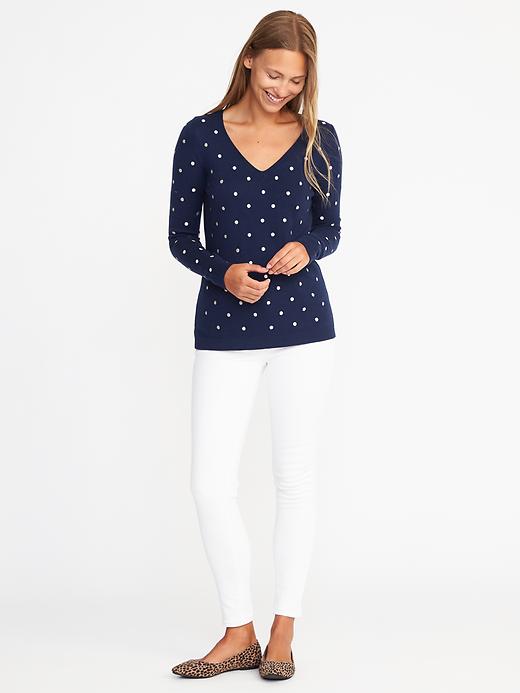 Image number 3 showing, Semi-Fitted Metallic-Dot V-Neck Sweater for Women